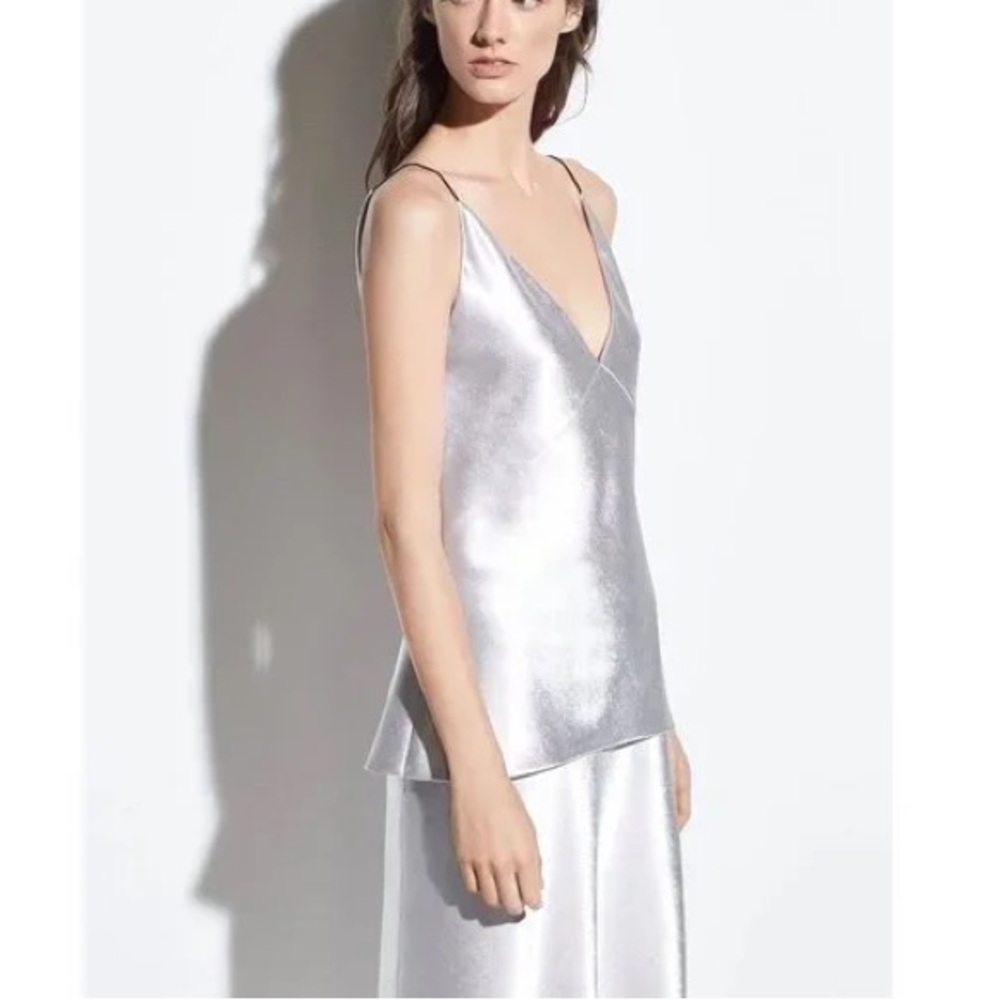 Vince Metallic Satin V Neck Cami & Skirt Set